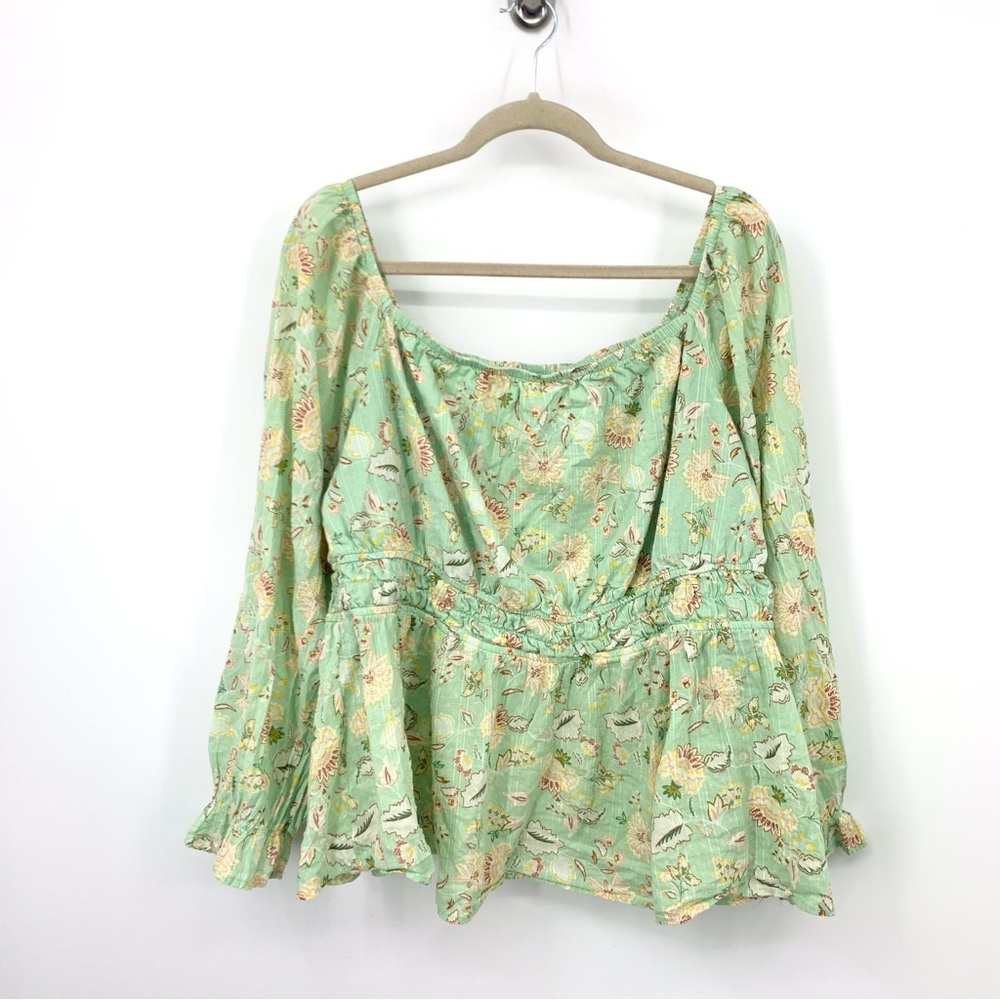 Torrid Women Size 2 2X 18 20 Top Long Sleeve Shirt Smocked Babydoll Green Floral